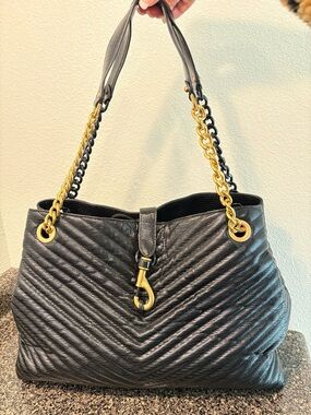 Rebecca Minkoff Edie Black Quilted Chevron Tote with Gold Chain Detail